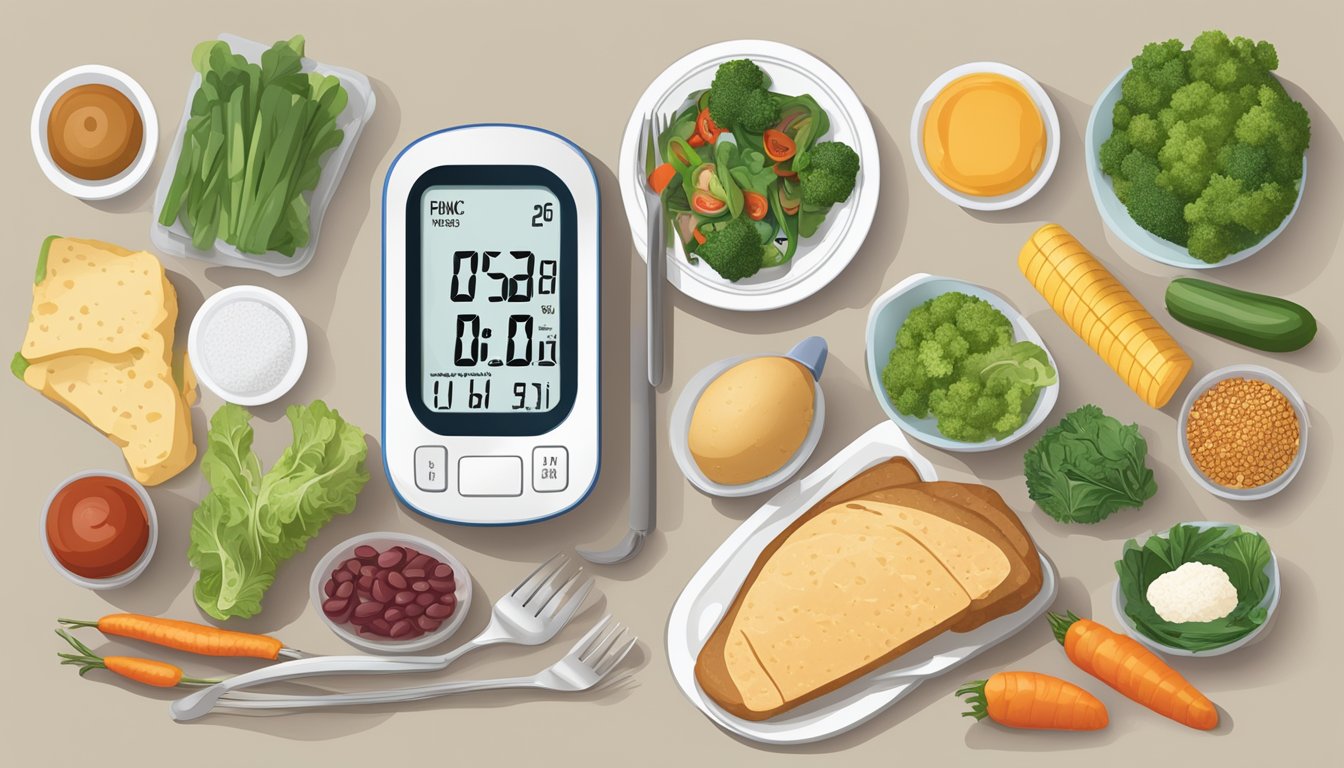 A dinner table set with a balanced meal, including appropriate portion sizes of protein, vegetables, and whole grains, alongside a blood sugar monitoring device