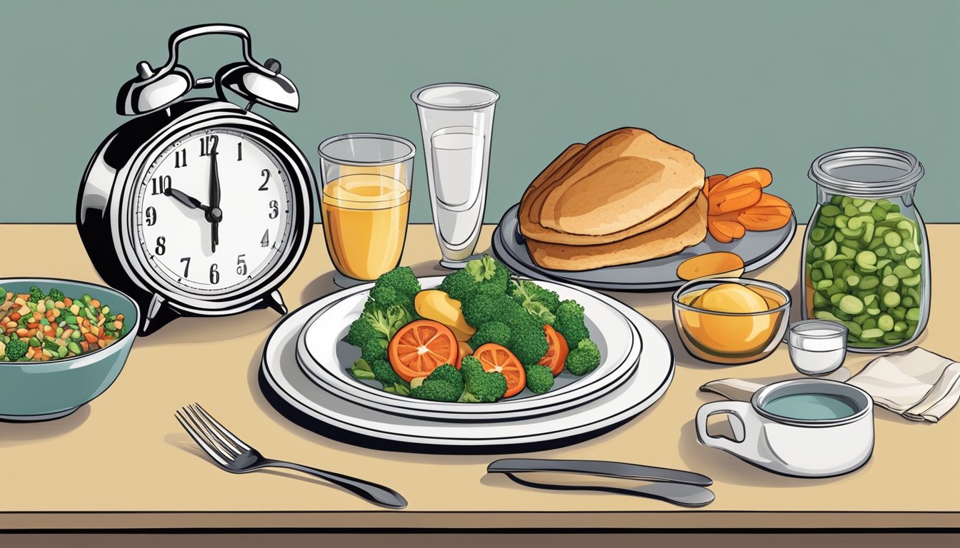 A dinner table with portioned, balanced meals and a clock showing optimal timing for diabetes management