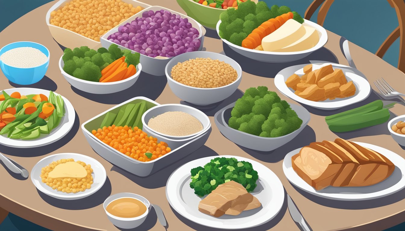 A dinner table set with a balanced meal of lean protein, whole grains, and colorful vegetables, with portion sizes measured for diabetes management