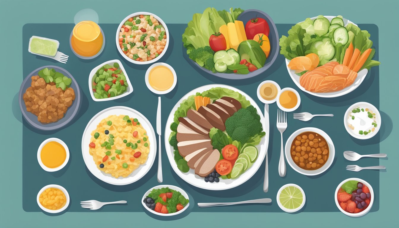 A dinner table set with portioned, balanced meals and a variety of healthy food options, with a focus on managing diabetes and promoting metabolic health