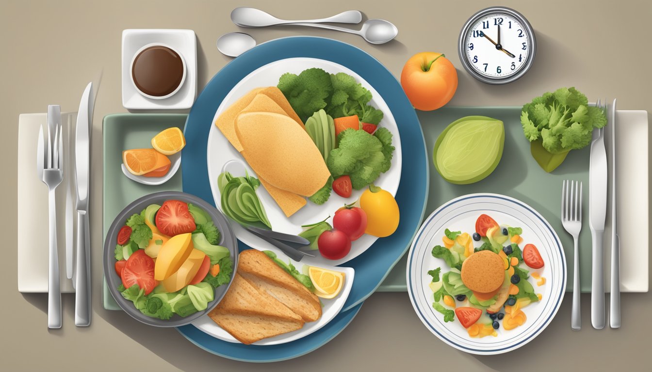 A dining table set with balanced portions of food, a clock indicating dinner time, and a plate of healthy meal options for diabetes management