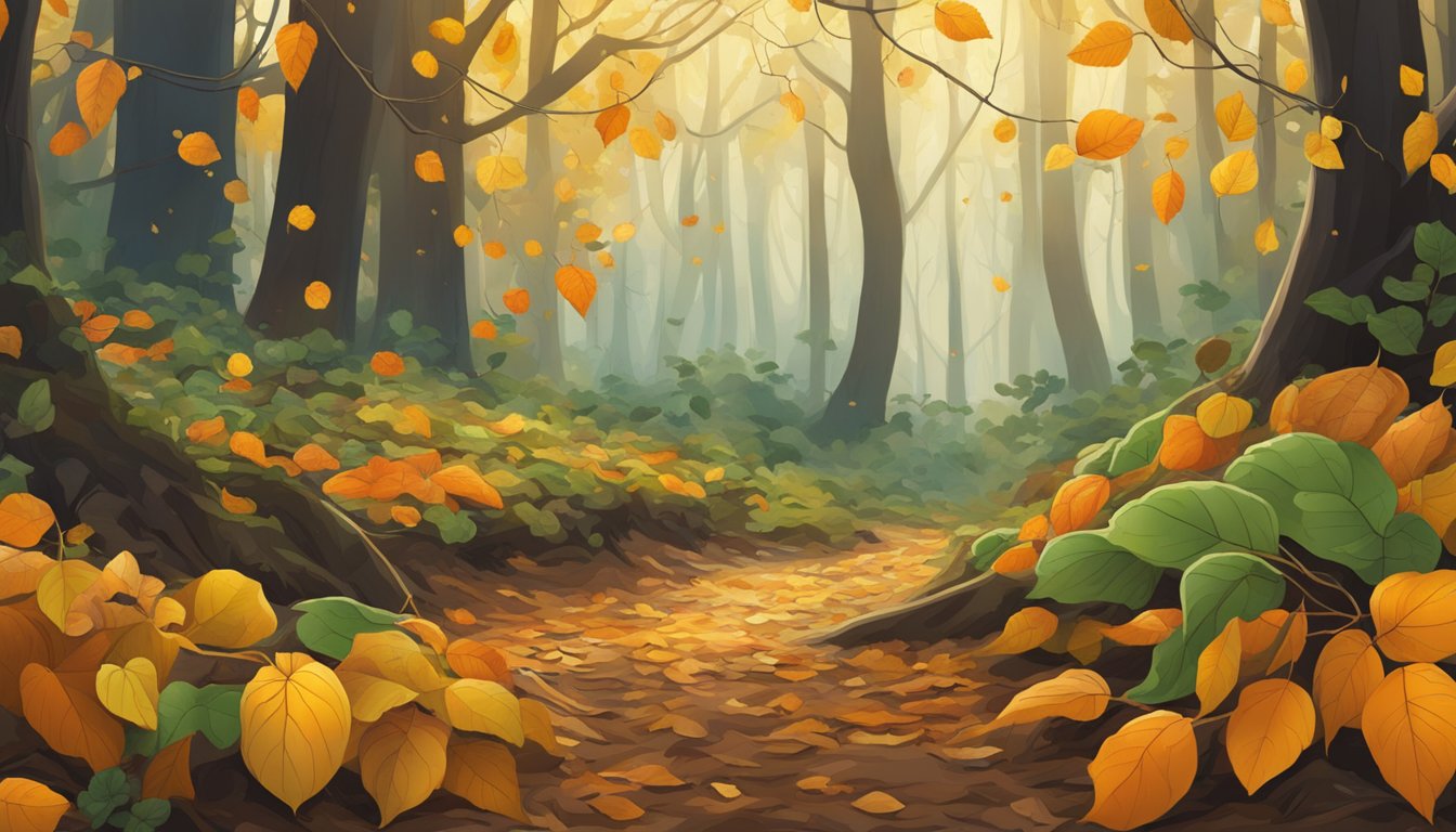 A forest floor with fallen leaves and vines, where ripe butternut squash grows on the ground among the tangled foliage