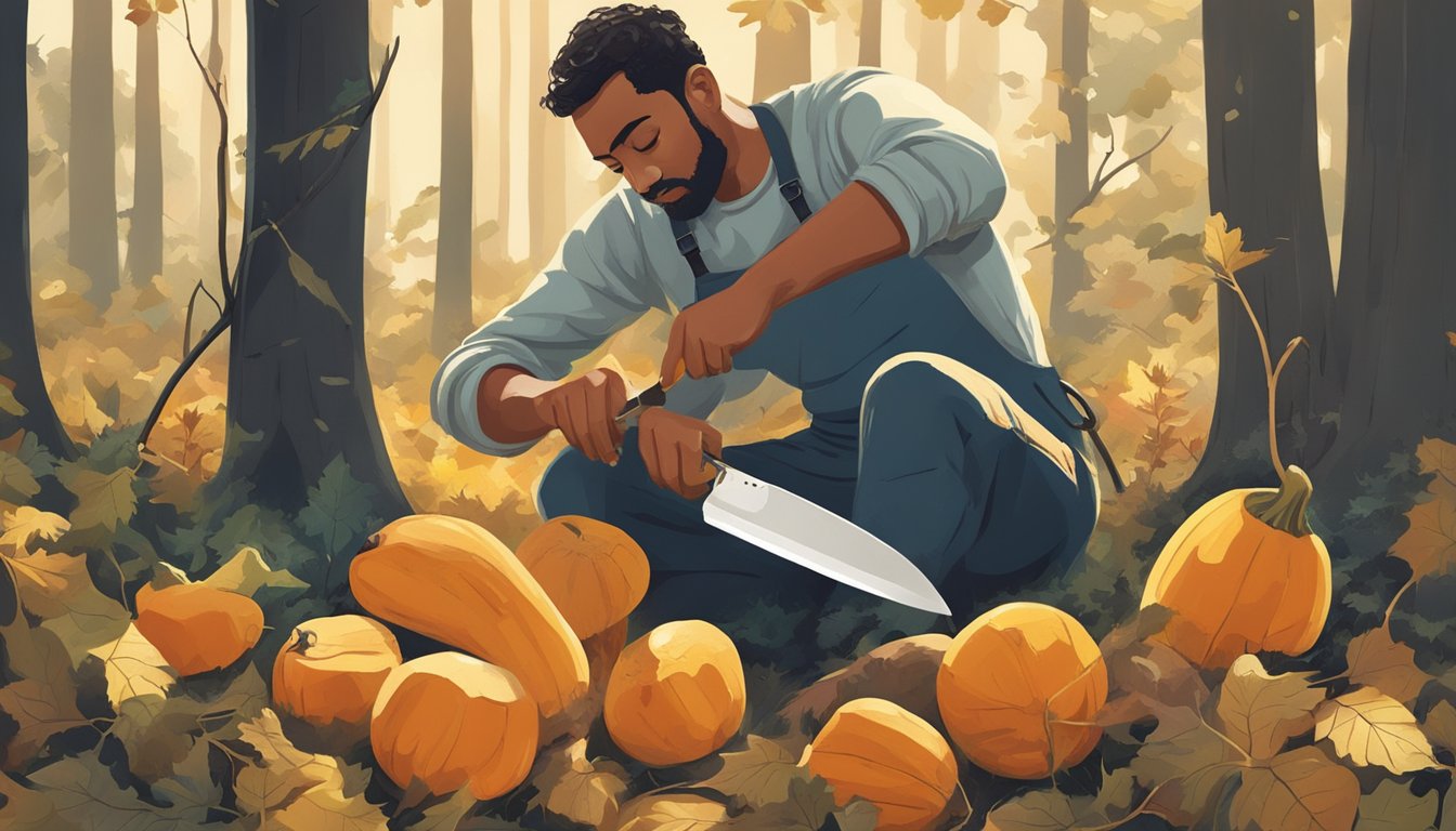 A figure using a knife to carefully cut ripe butternut squash from a vine in a forest clearing on a sunny day