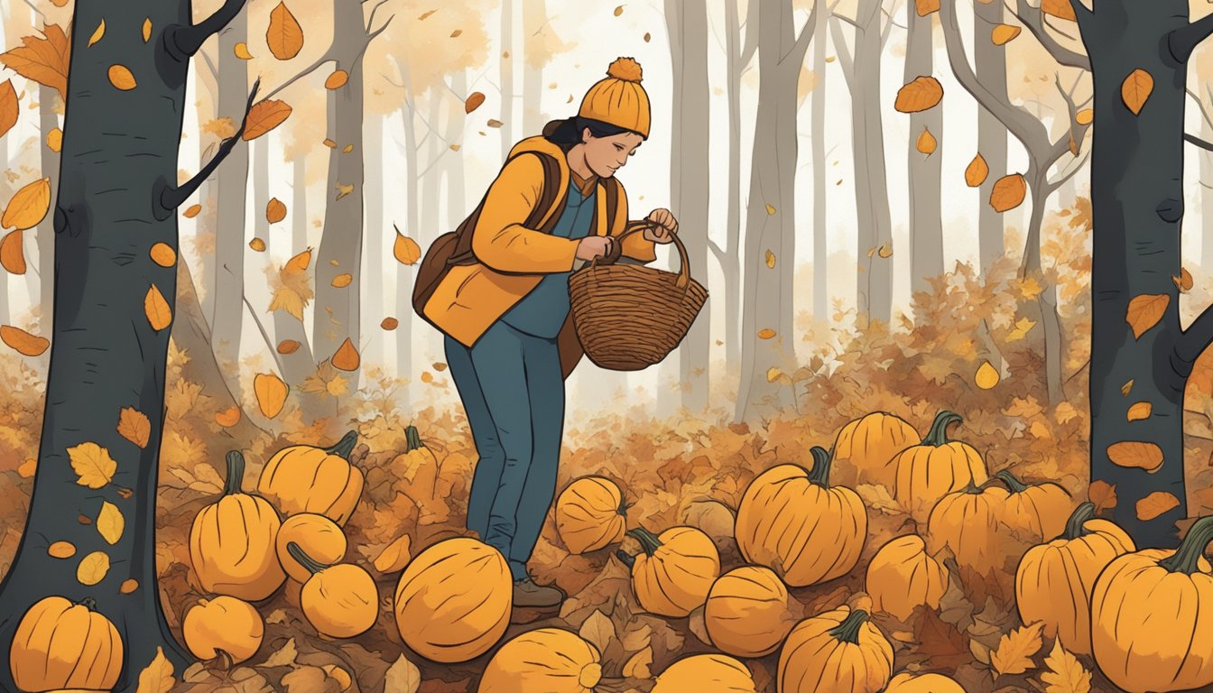 A person collecting wild butternut squash in a forest clearing, surrounded by fallen leaves and scattered squash