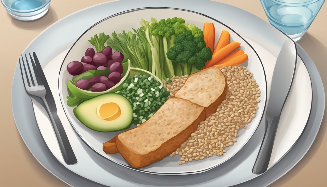 A dinner table set with a balanced meal, including appropriate portion sizes of lean protein, vegetables, and whole grains, with a glass of water