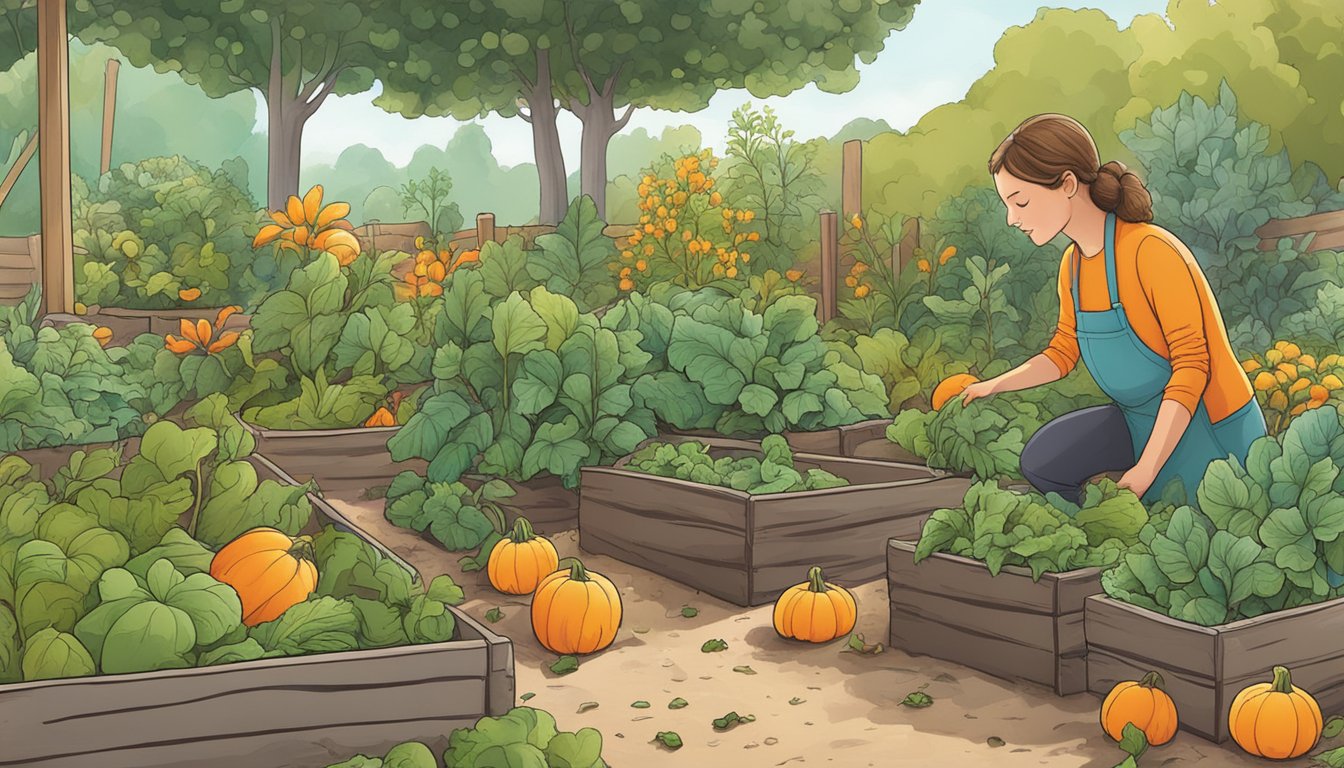 A lush garden with compost piles, vibrant plants, and a person foraging ripe butternut squash