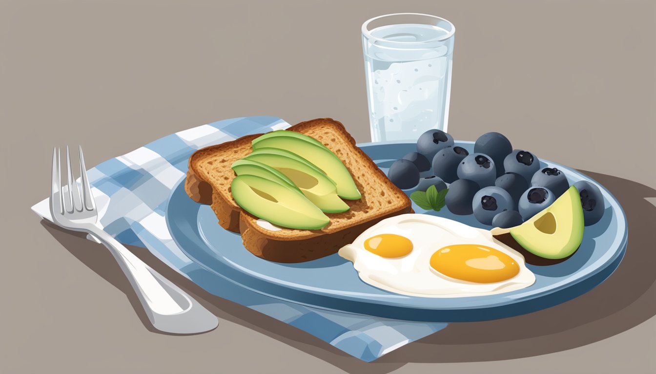 A breakfast plate with whole grain toast, avocado, eggs, berries, and yogurt, with a glass of water and a side of nuts