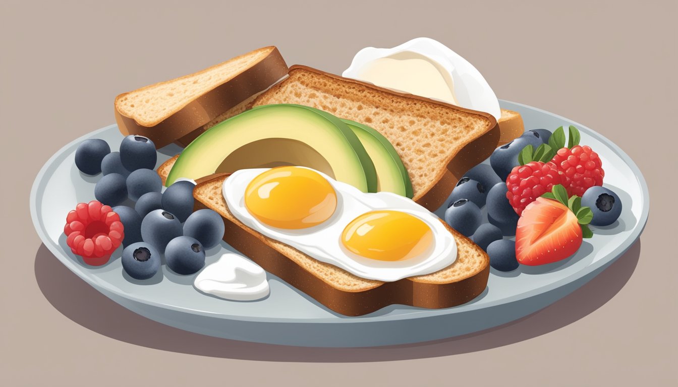 A balanced breakfast plate with whole grain toast, avocado, eggs, berries, and Greek yogurt