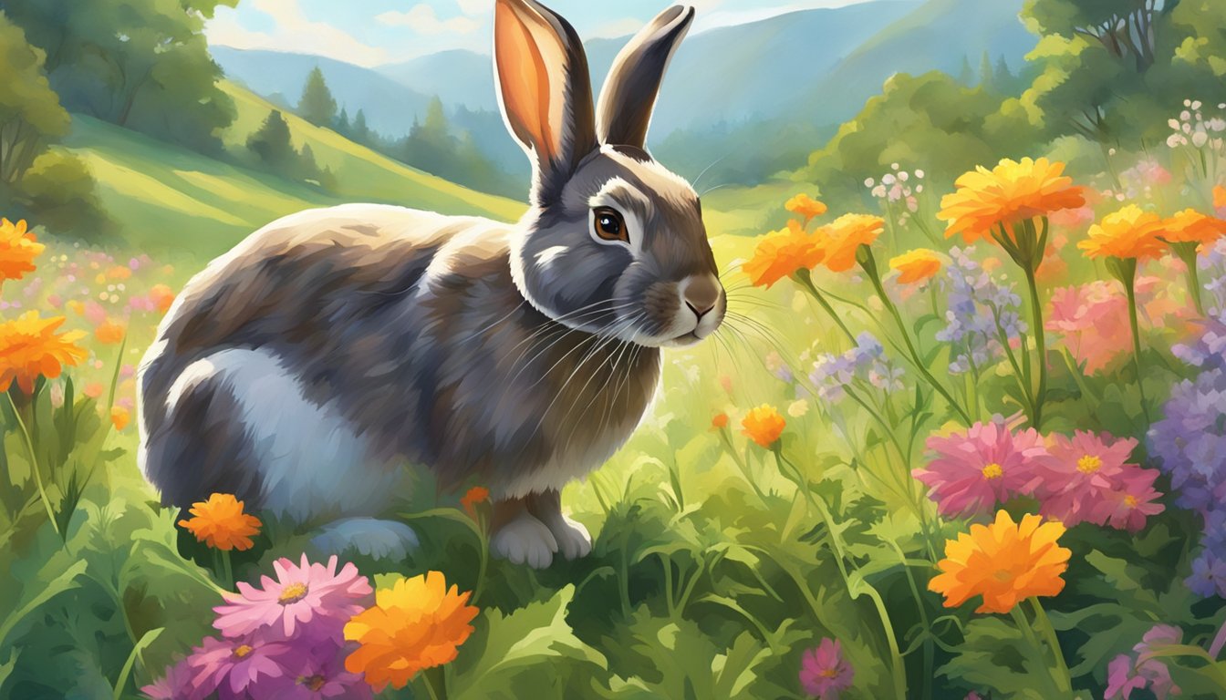 A rabbit nibbles on wild carrots in a lush meadow, surrounded by vibrant greenery and colorful flowers. The sun shines down, highlighting the nutritious bounty of the foraged carrots