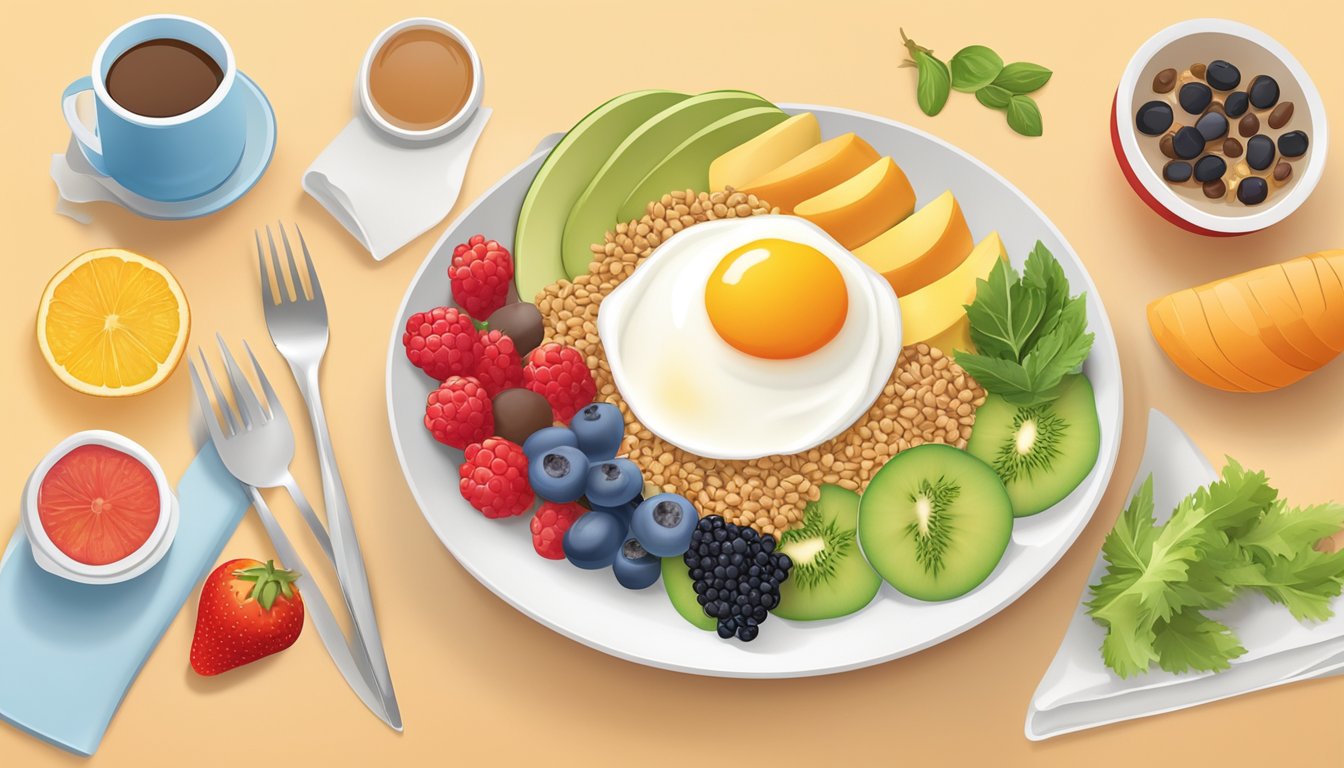 A breakfast plate with balanced portions of whole grains, lean protein, and colorful fruits and vegetables, set against a bright, inviting backdrop