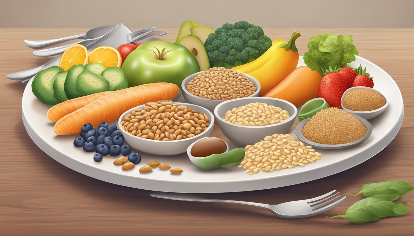 A colorful plate with a balanced selection of whole grains, fruits, vegetables, lean proteins, and healthy fats