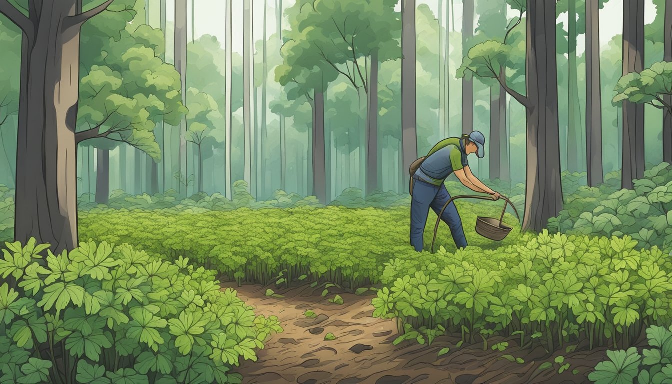 A forest floor with wild celery plants being carefully harvested by hand