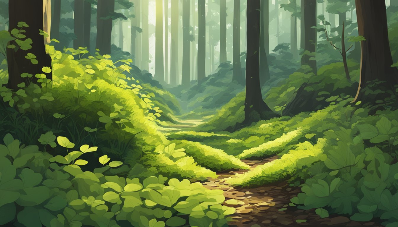 A lush forest floor with wild celery sprouting among fallen leaves and moss. Sunlight filters through the trees, casting dappled shadows on the foraged plants