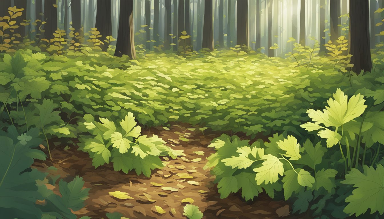 A forest floor with wild celery growing among fallen leaves and scattered sunlight filtering through the trees