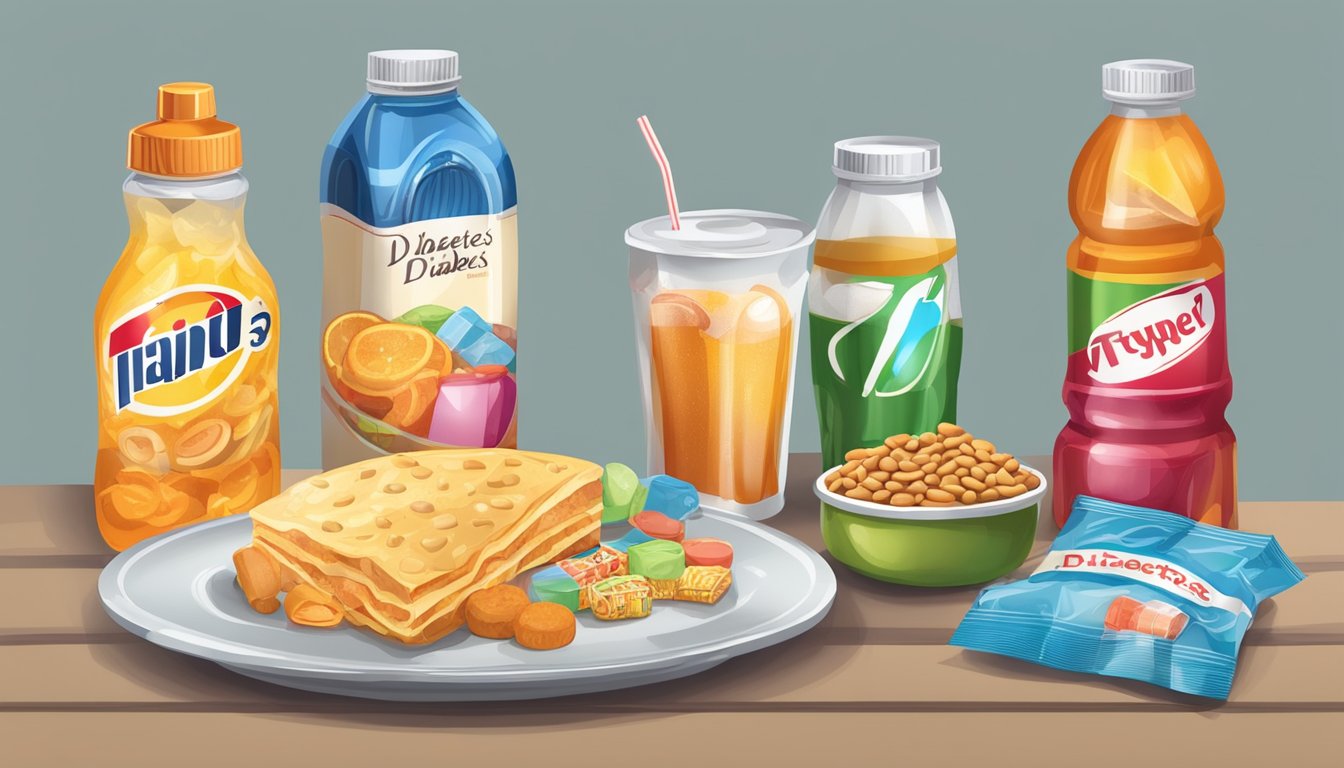 A table with sugary drinks, processed snacks, and high-carb foods next to a crossed-out "type 2 diabetes" label