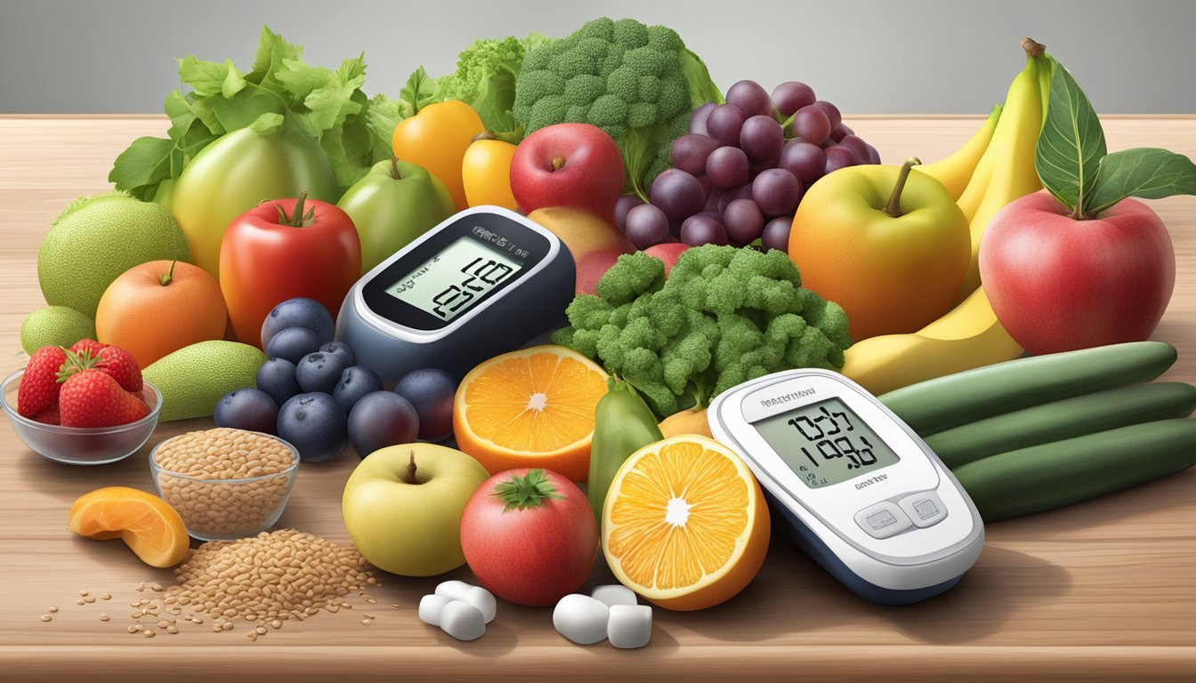 A variety of fresh fruits, vegetables, whole grains, and lean proteins arranged on a table, with a blood glucose monitor and medication nearby