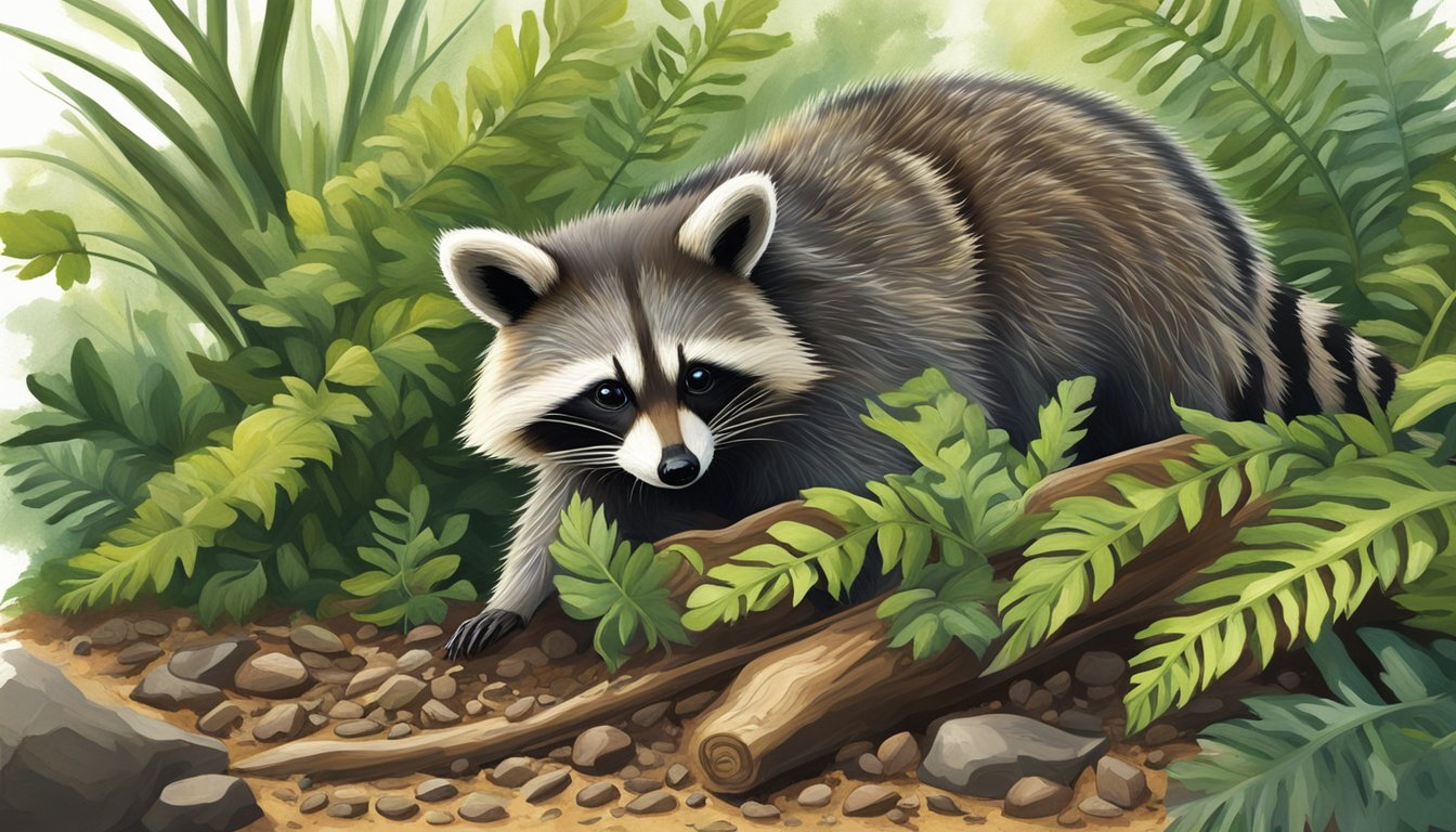 A raccoon digs up wild coontie roots from the forest floor, surrounded by lush green foliage and dappled sunlight