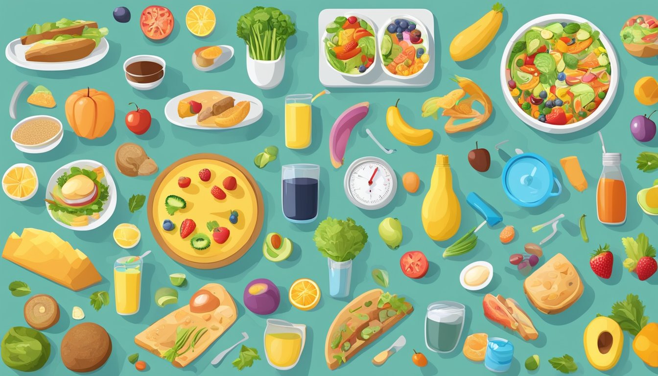 A colorful food chart surrounded by various physical activity equipment