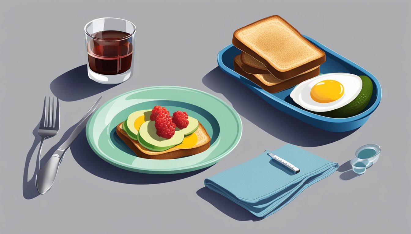 A breakfast table set with whole grain toast, avocado, eggs, and a bowl of berries, alongside a glass of water and a blood sugar monitoring device