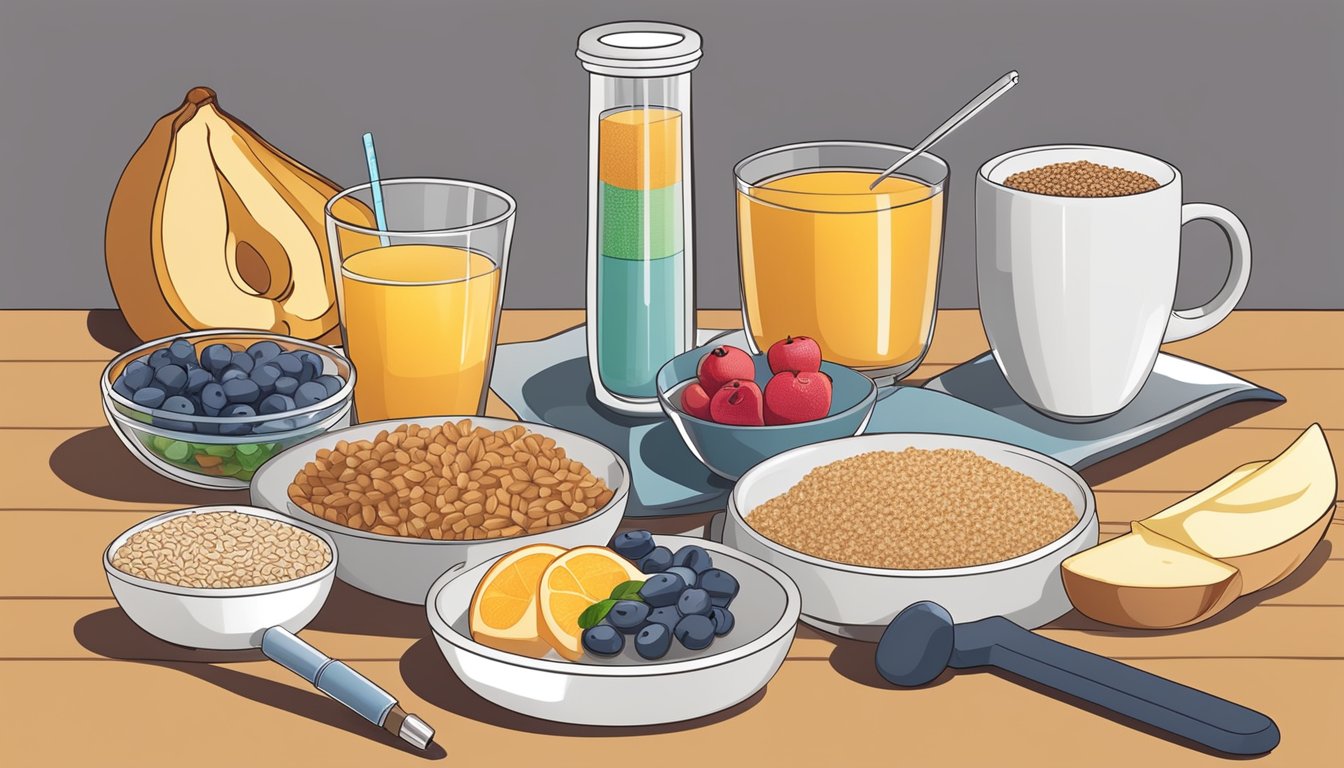 A table set with a variety of balanced breakfast options, including whole grains, fruits, and protein-rich foods, with a glucometer and insulin nearby