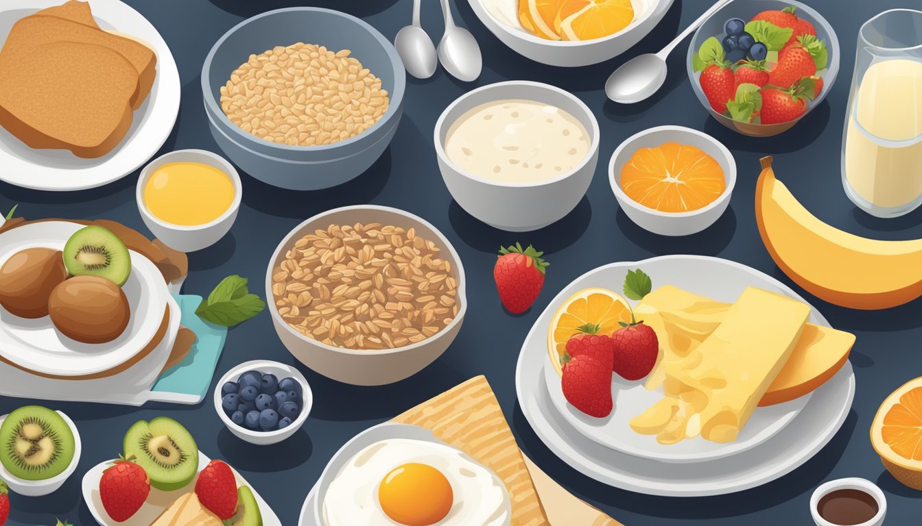 A table set with a variety of balanced breakfast options, including fruits, whole grains, and protein, with a focus on portion sizes and nutritional balance