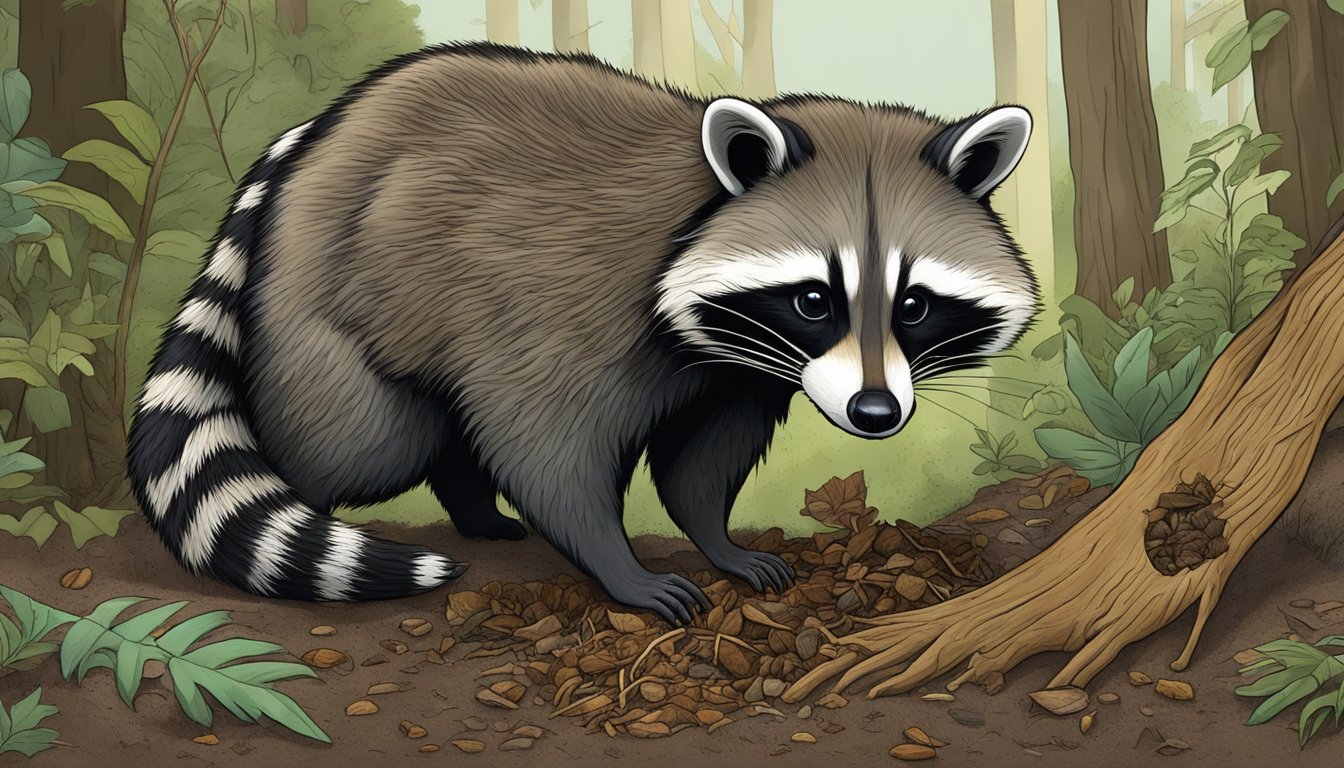 A raccoon digs up wild coontie roots from the forest floor