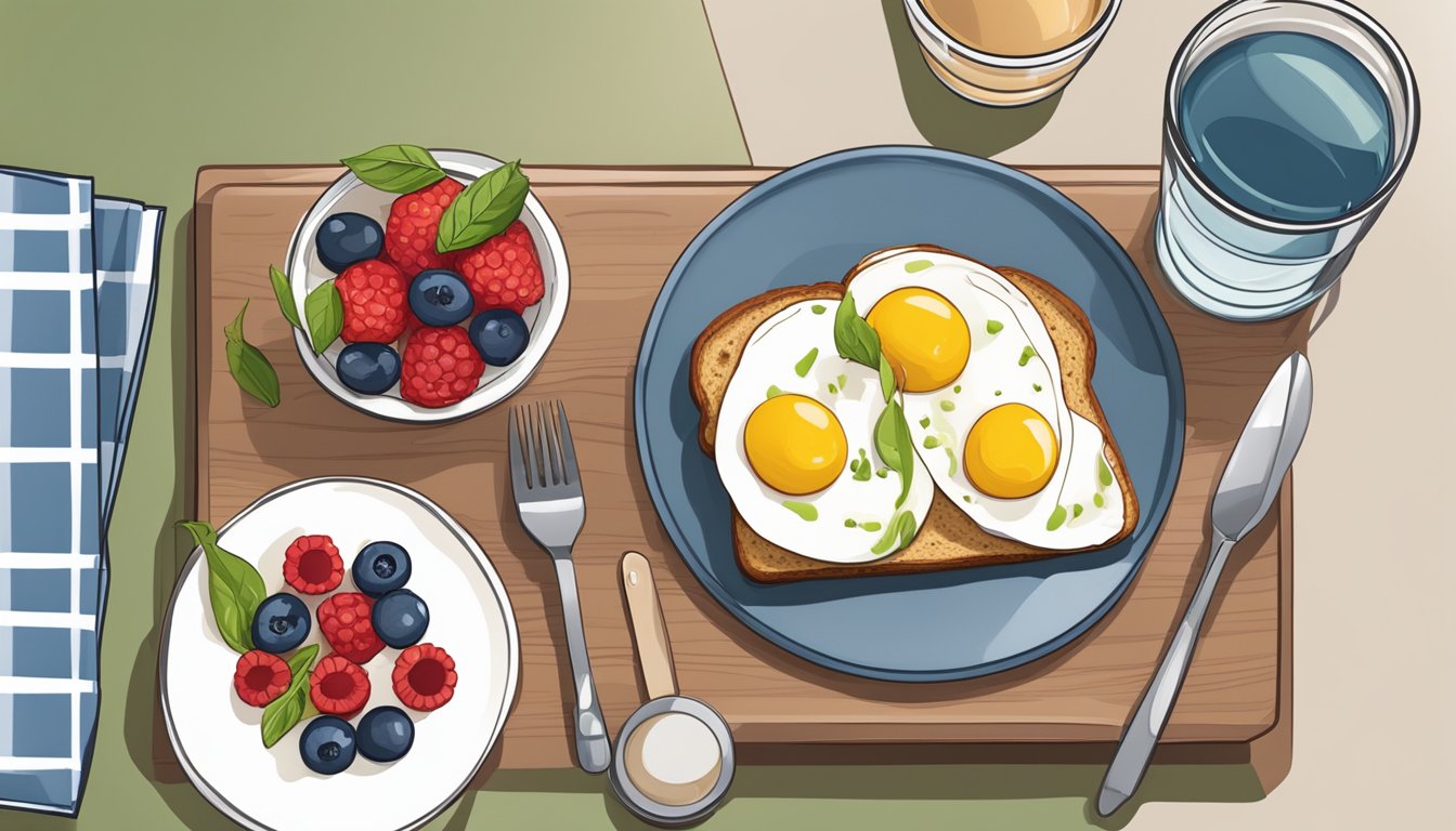 A breakfast table with a balanced meal: whole grain toast, avocado, eggs, and a side of berries. A glass of water and a blood sugar monitor sit nearby