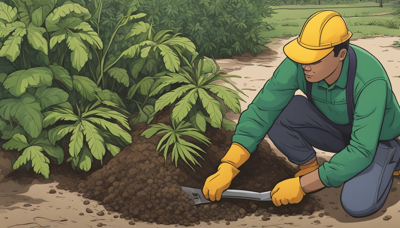 An illustration of a person carefully digging up wild coontie roots while wearing gloves and using a small shovel. The person is surrounded by lush green foliage and is being cautious to avoid damaging the plant