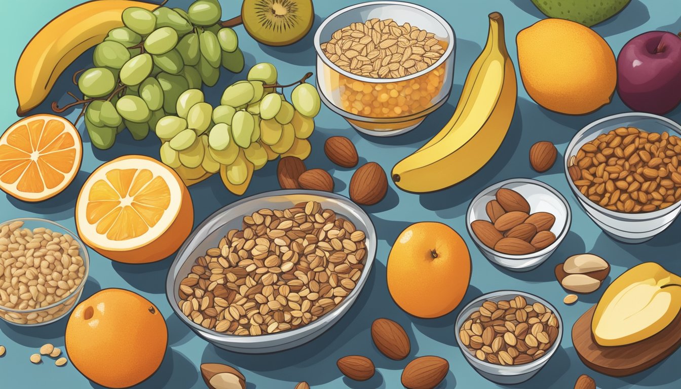 A colorful array of fresh fruits, nuts, and whole grain snacks arranged on a kitchen counter, with a measuring cup and a blood sugar monitor nearby