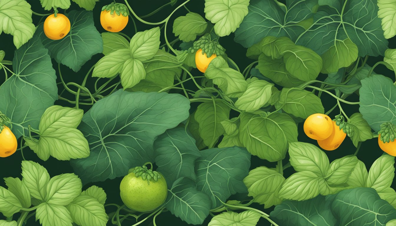 A lush forest floor with wild cucumber vines weaving through the underbrush, ripe fruit hanging from the tangled foliage