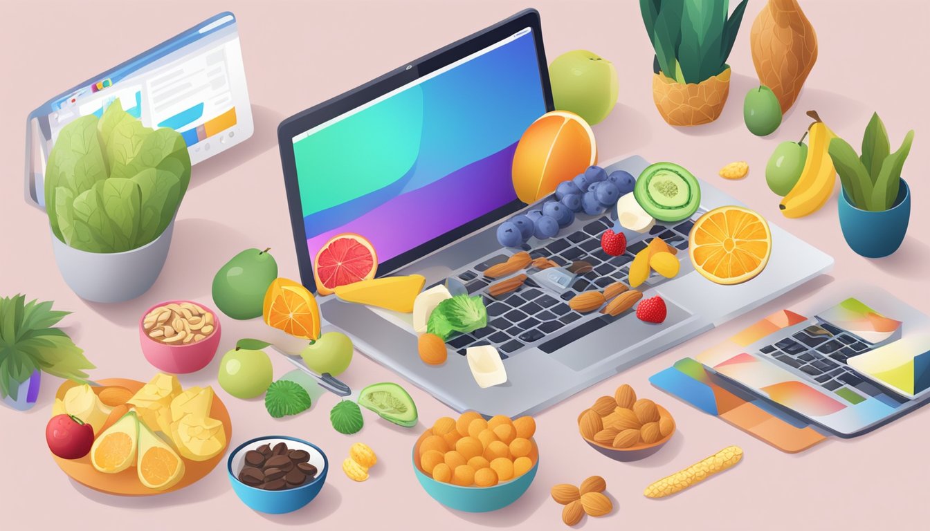 A laptop displaying a variety of diabetic-friendly snacks on a colorful website, with a selection of fresh fruits and nuts arranged on a table nearby