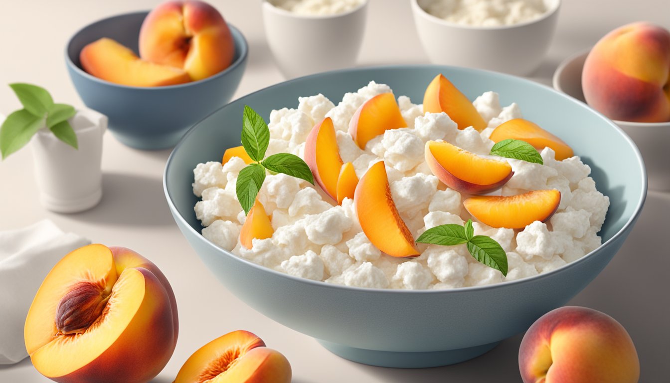 A bowl of cottage cheese topped with sliced peaches, surrounded by a few scattered peach halves