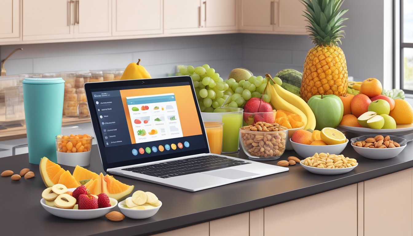 A colorful array of fresh fruits, nuts, and sugar-free treats displayed on a modern kitchen counter. A laptop open to an online store with a variety of diabetic-friendly snacks