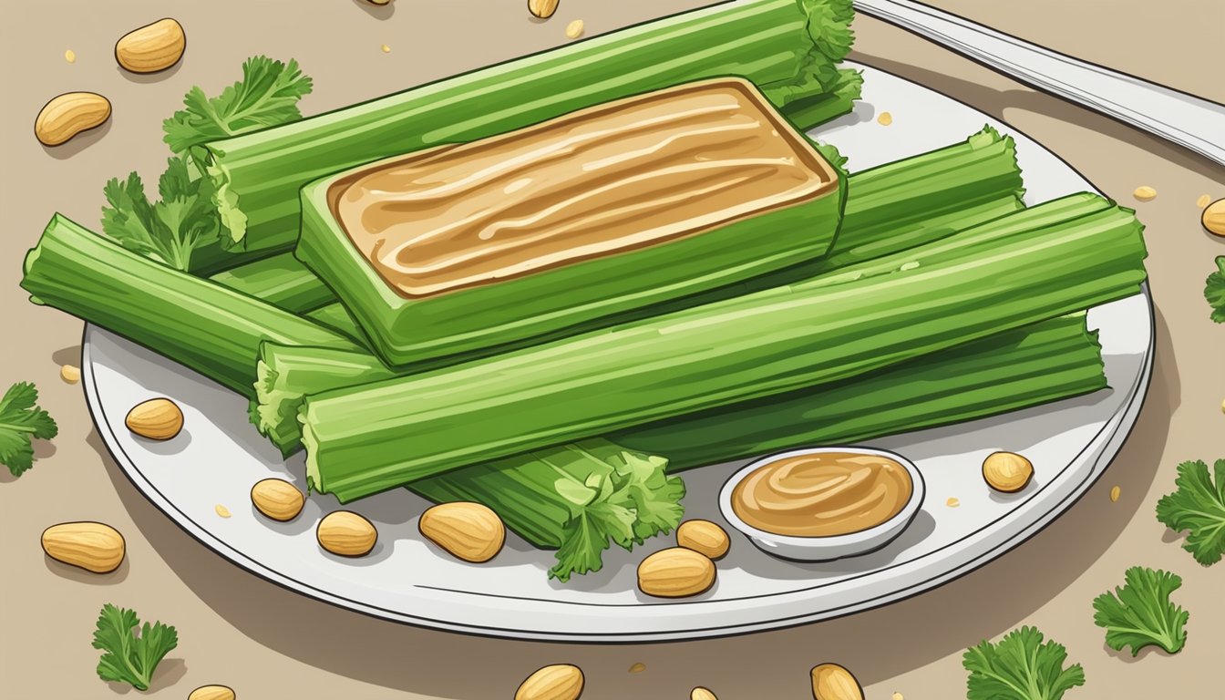 A plate of celery sticks with dollops of peanut butter, surrounded by scattered peanut shells