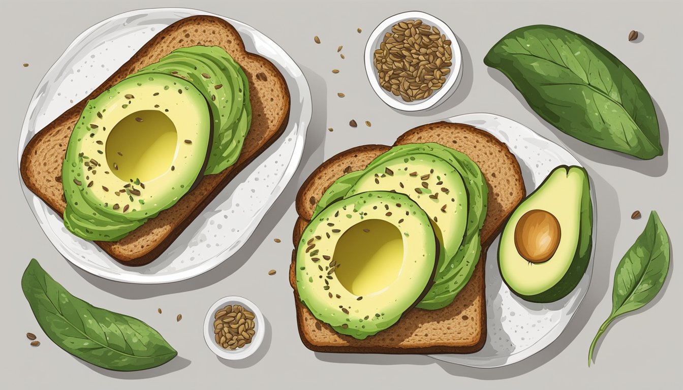 A plate of avocado toast with whole grain bread, topped with sliced avocado and sprinkled with seeds and herbs