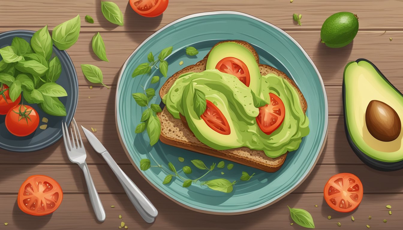 A plate with avocado toast on whole grain bread, surrounded by fresh ingredients like tomatoes and herbs, sits on a wooden table