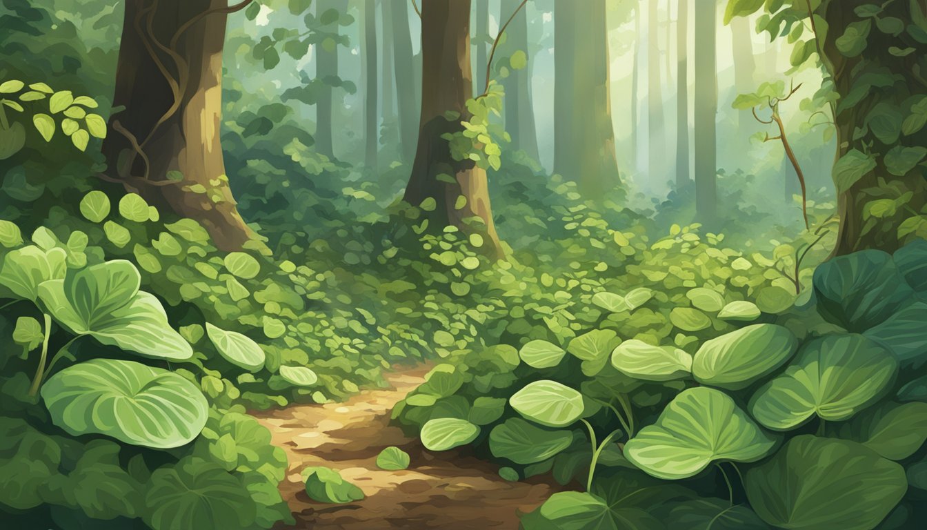 A lush forest floor with dappled sunlight, showcasing wild cucumbers growing on vines among other wild edibles