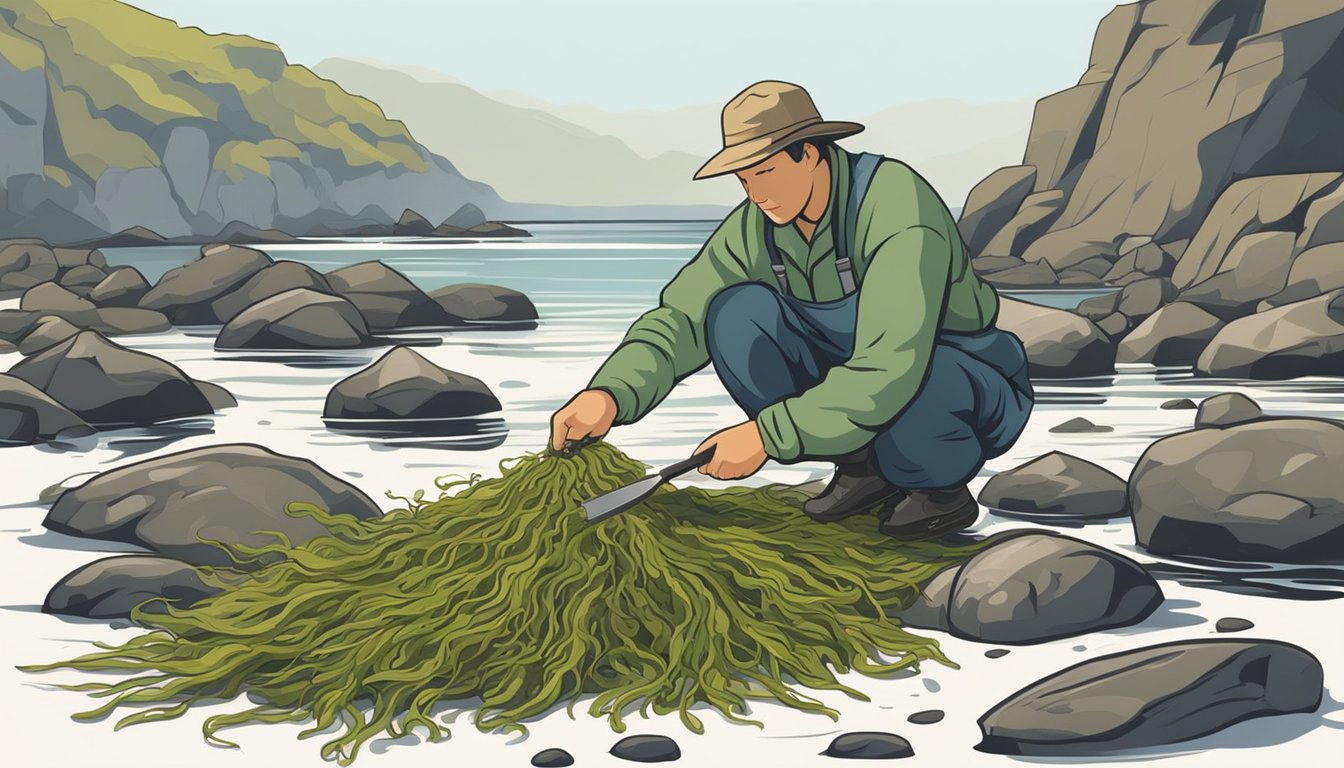 A figure gathers seaweed from the rocky shore, using a small knife to carefully cut and collect the various types of seaweed