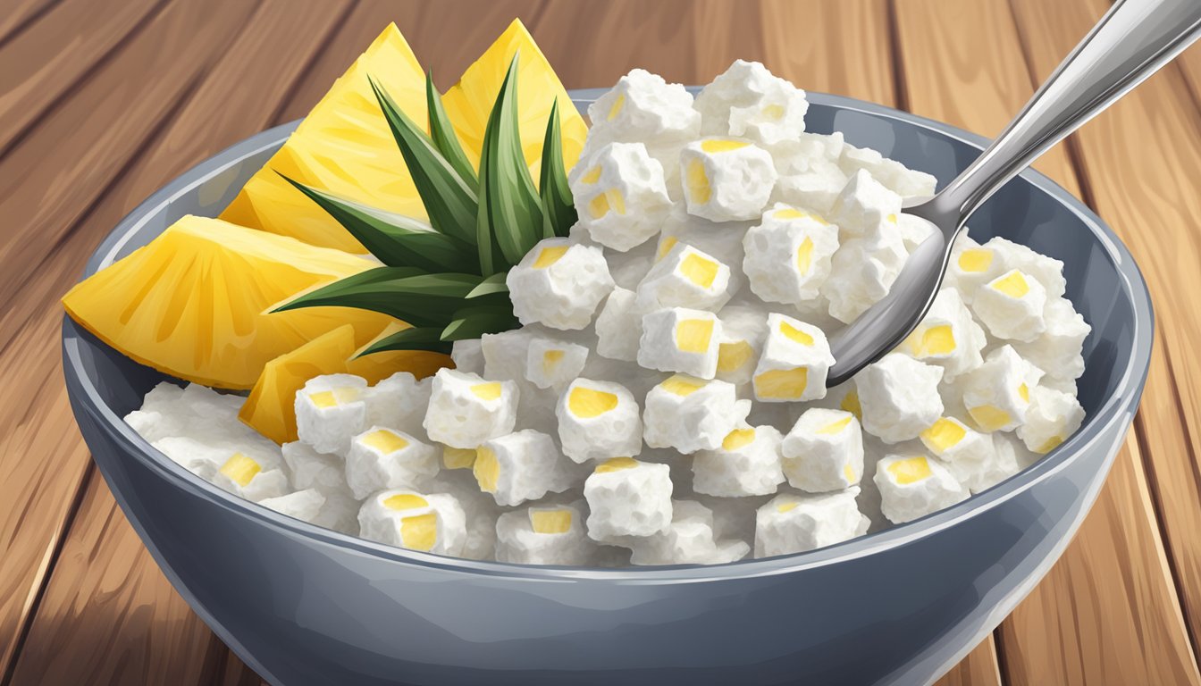 A bowl of cottage cheese topped with pineapple chunks on a wooden table with a spoon next to it