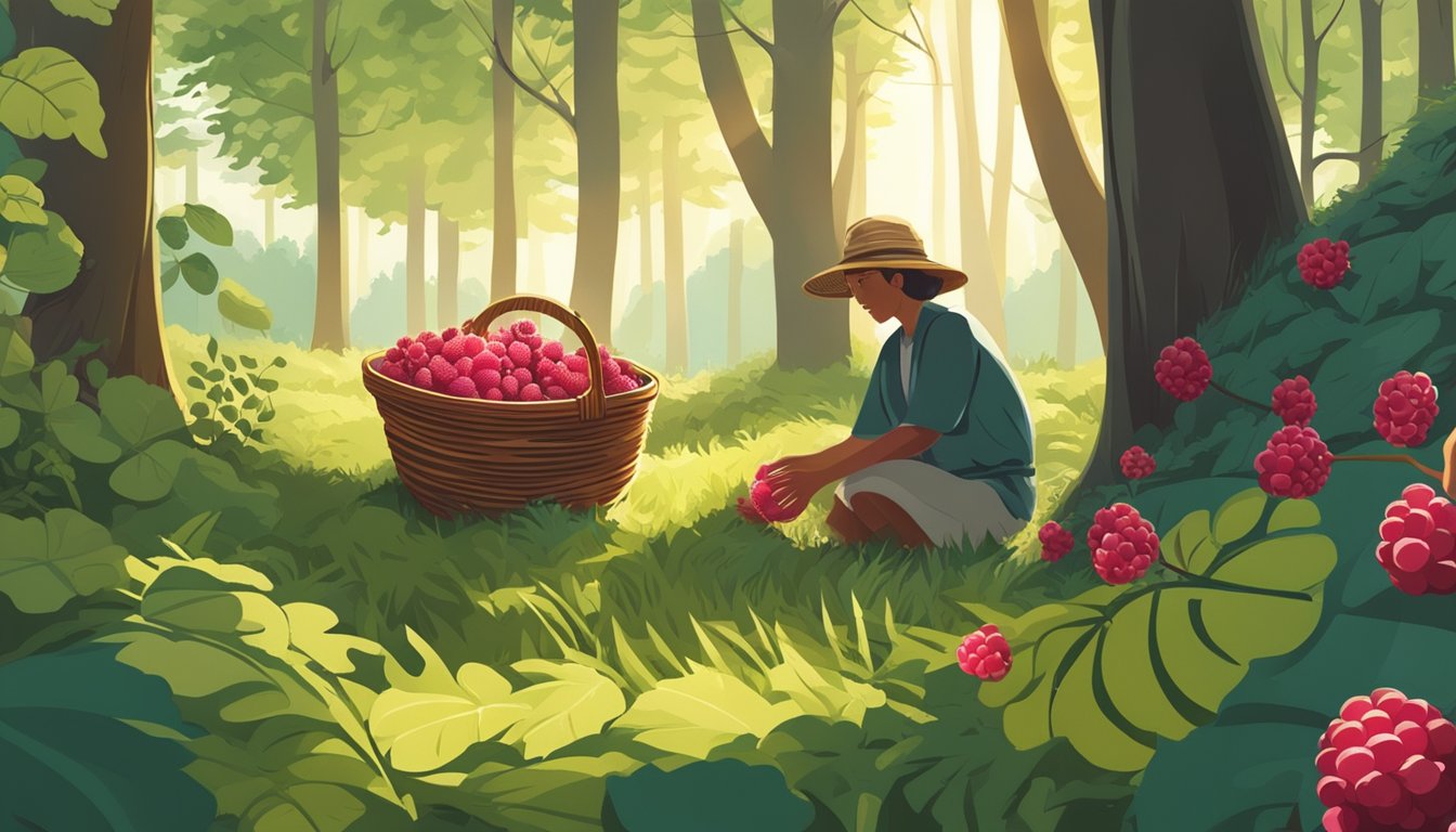 A person gathers wild raspberries into a woven basket in a lush forest clearing. Sunlight filters through the trees, casting dappled shadows on the ground