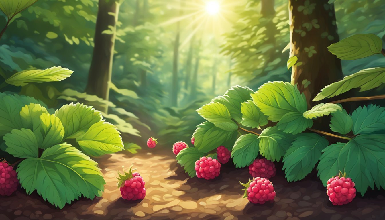 A lush forest floor with wild raspberry bushes, ripe red berries, and dappled sunlight filtering through the leaves