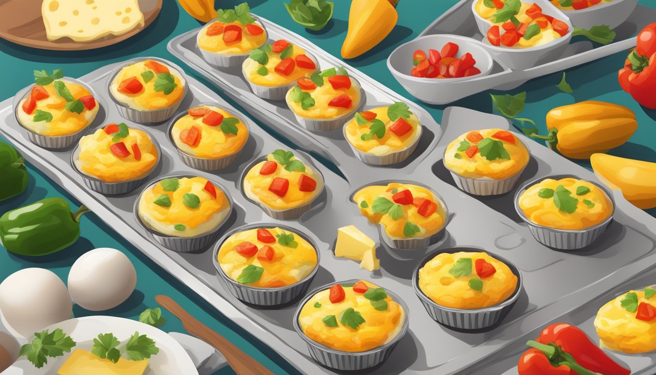 A colorful array of egg muffins filled with diced bell peppers and melted cheese, arranged on a breakfast table