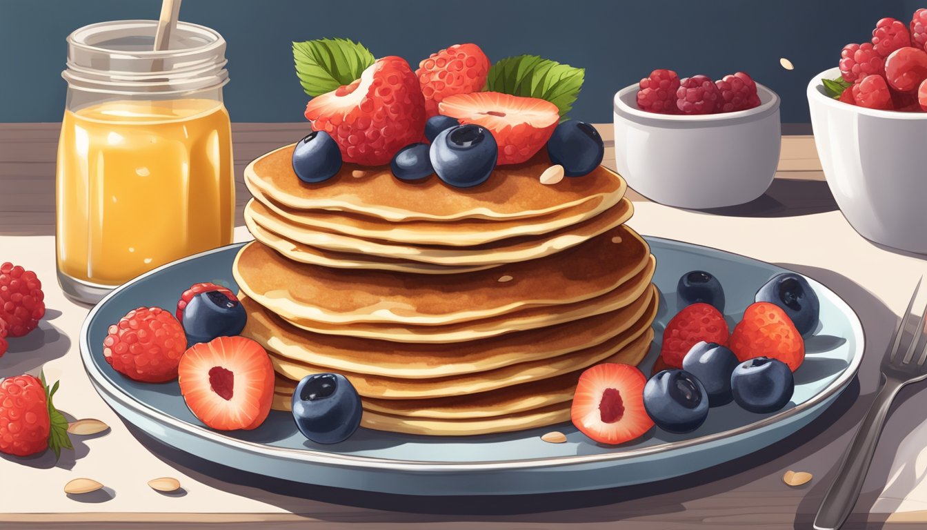 A stack of almond flour pancakes topped with fresh berries on a plate, accompanied by a small bowl of sugar-free syrup