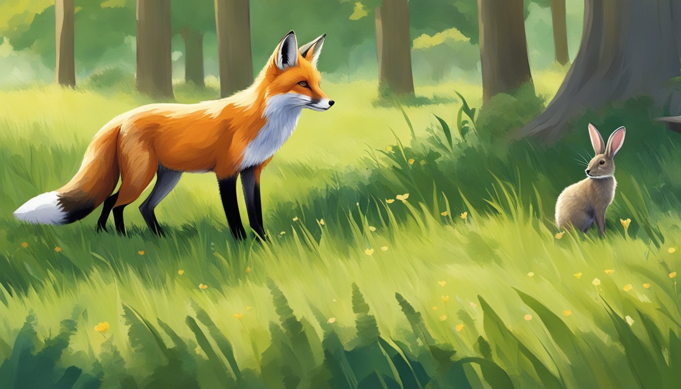 A fox forages for wild shoots in a lush forest clearing, while a rabbit does the same in a sun-dappled meadow