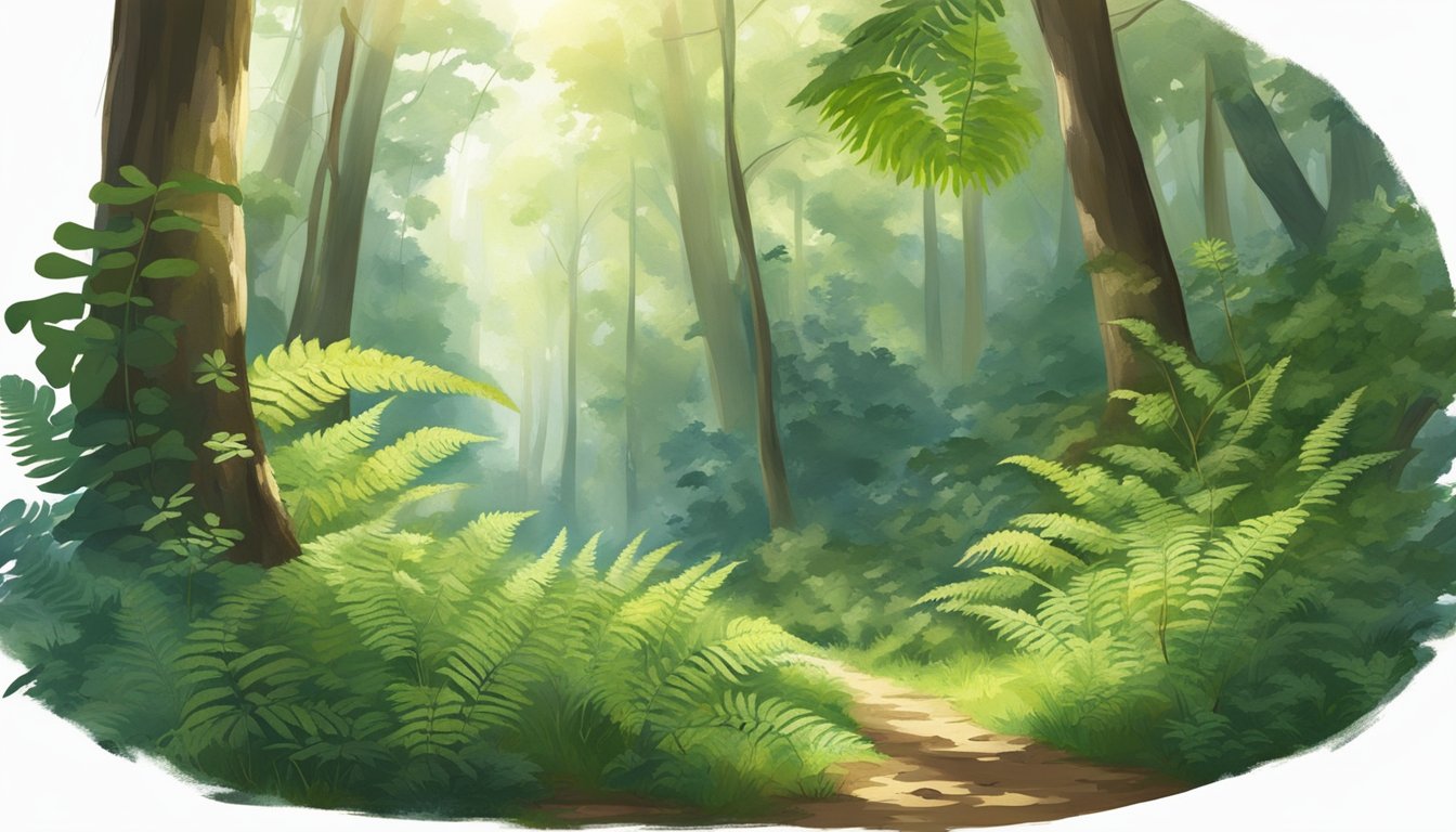 A serene forest clearing with lush green ferns carpeting the ground, dappled sunlight filtering through the canopy above. A small animal nibbles on the tender fronds, surrounded by an abundance of wild edible plants