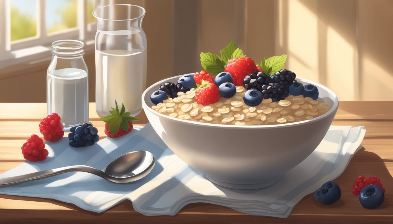 A bowl of oatmeal topped with fresh berries sits on a wooden table, surrounded by a glass of water and a spoon. Sunlight streams in through a nearby window, casting a warm glow on the breakfast scene