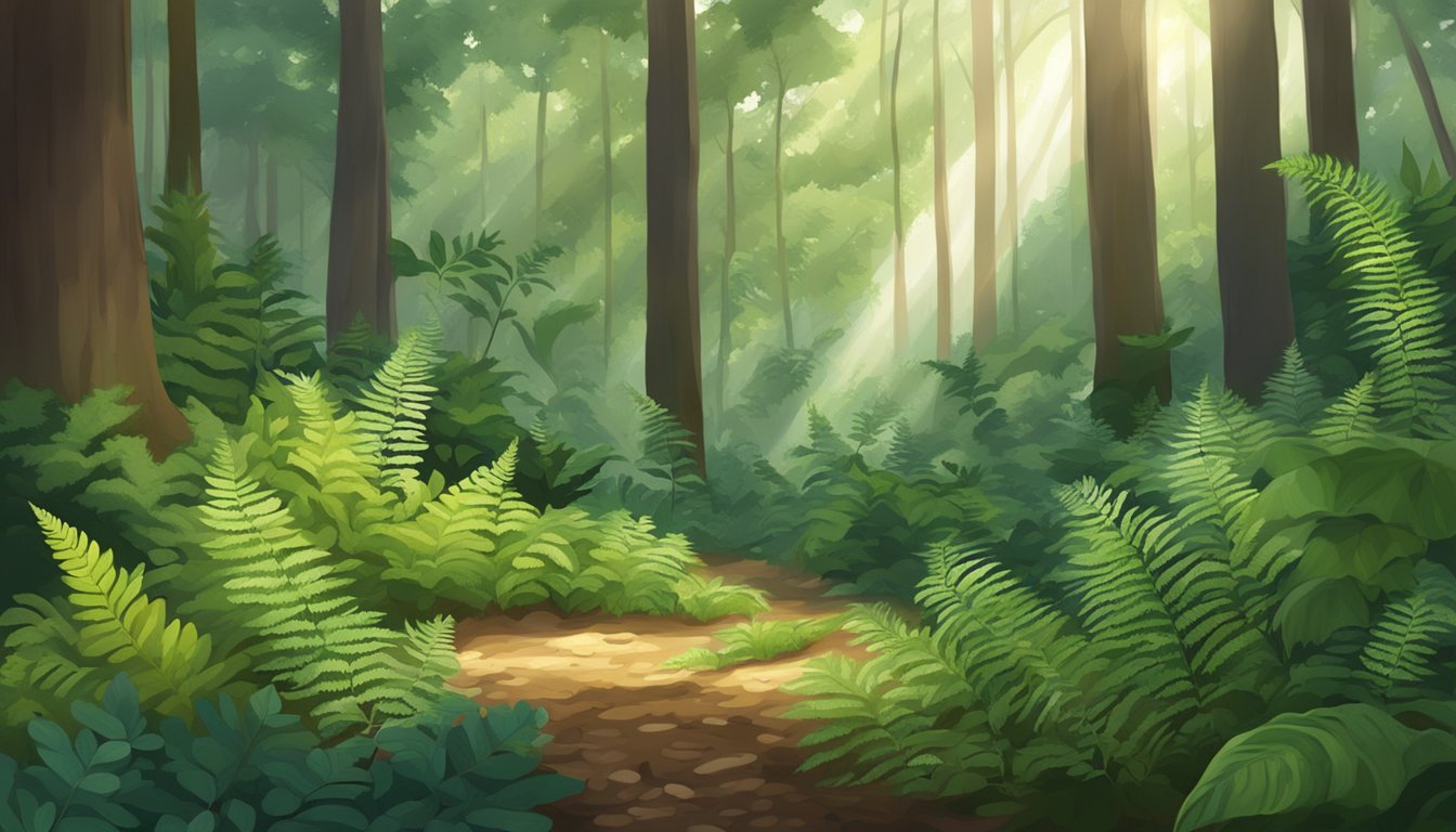 A lush forest floor with various types of wild ferns growing in clusters, surrounded by tall trees and dappled sunlight filtering through the leaves