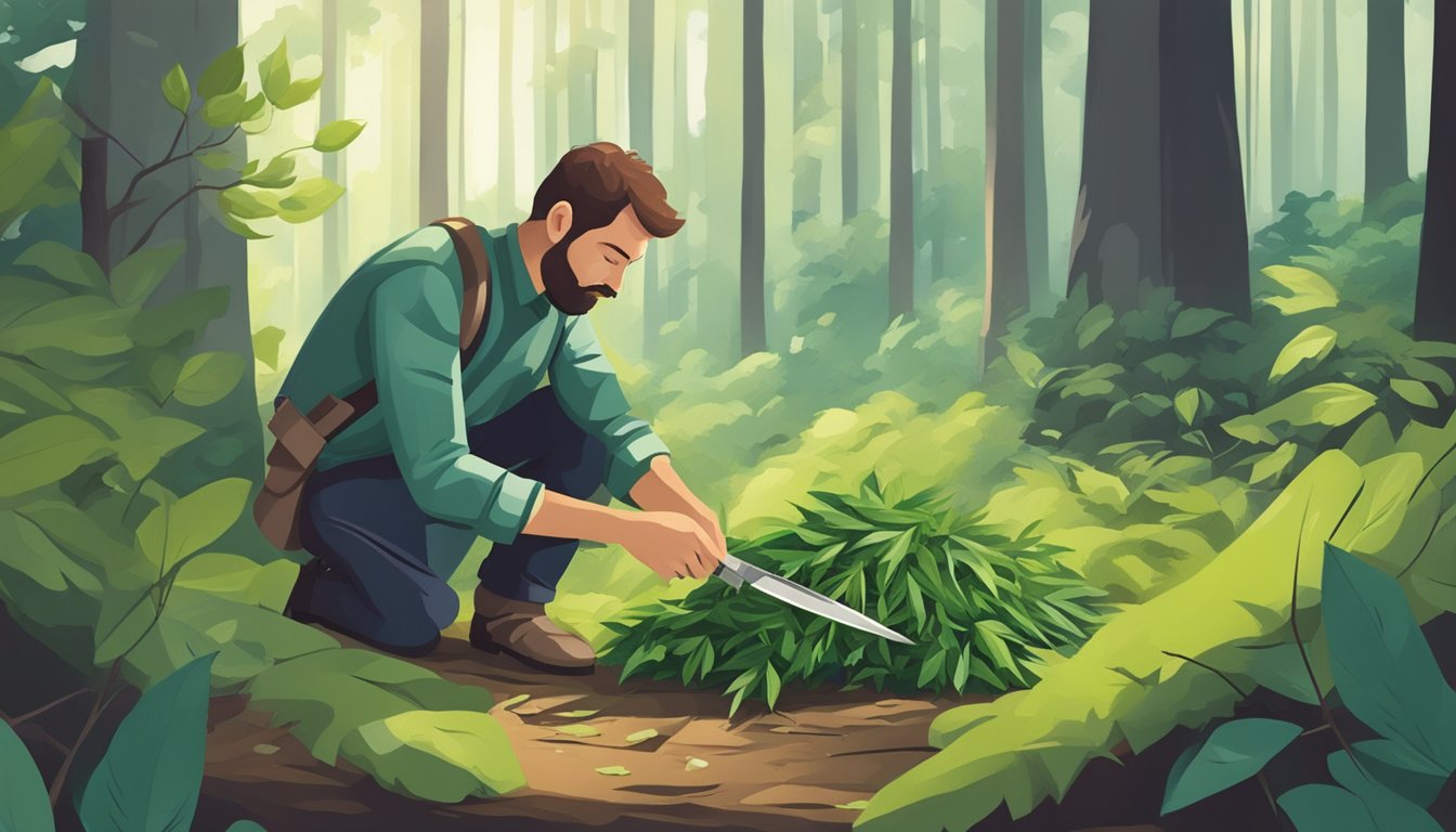 A figure carefully collects wild shoots in a lush forest, using a small knife to trim and prepare them for use