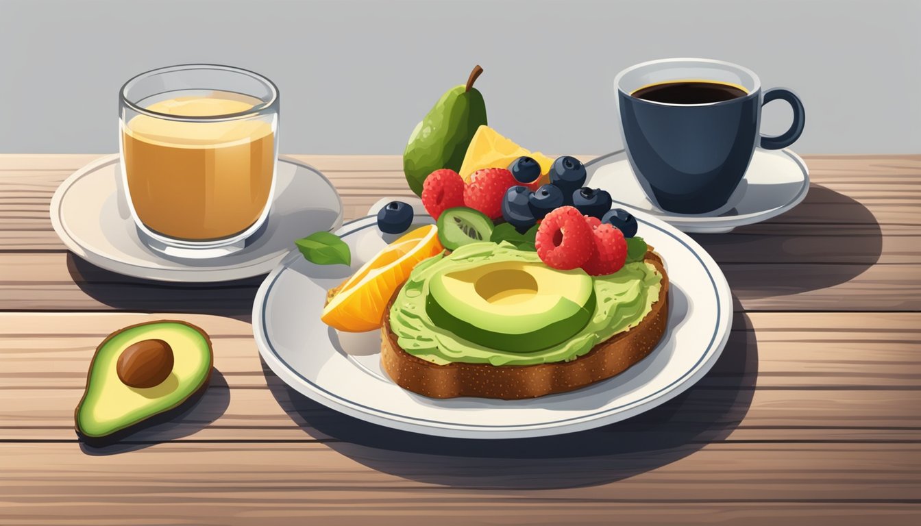 A plate with whole grain avocado toast, sliced avocado on top, accompanied by a side of fresh fruit and a cup of black coffee on a wooden table