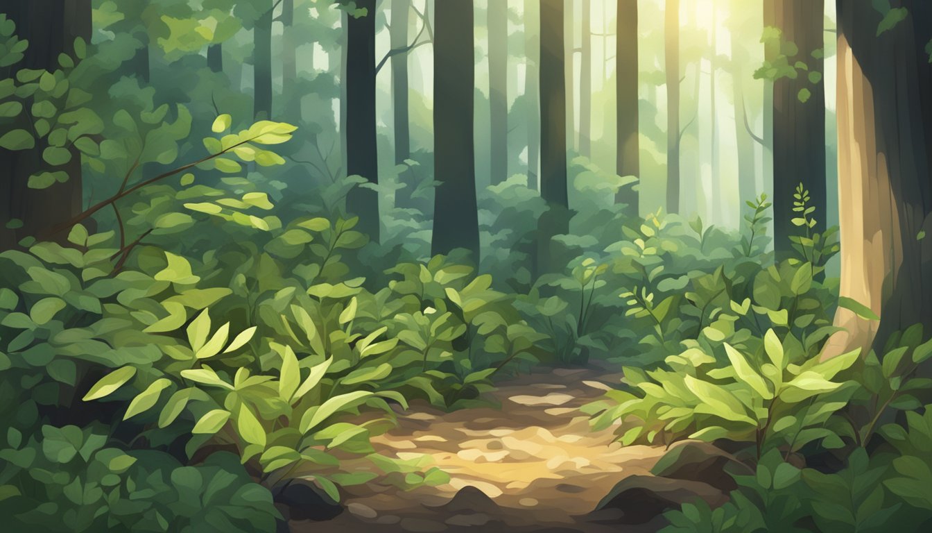 A forest floor with various wild shoots and plants, surrounded by trees and dappled sunlight